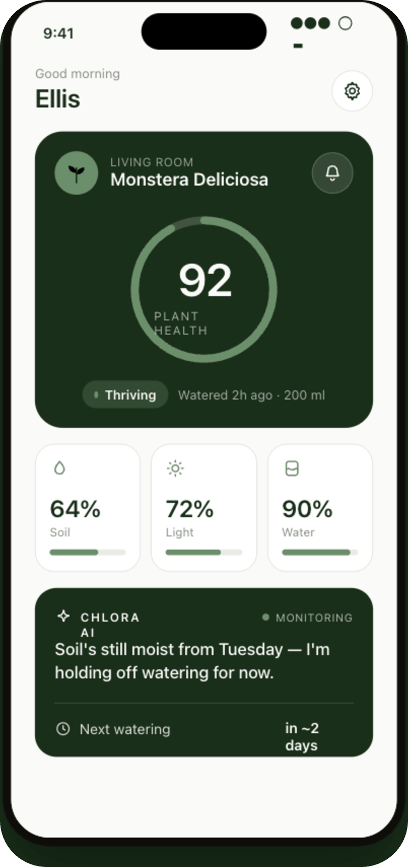 Chlora app showing a Monstera with 92 plant health